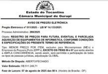 AVISO DE PREGÃO ELETRÔNICO Nº 011/2025, DA CÂMARA MUNICIPAL DE GURUPI