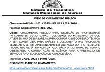 Chamamento Público 001/25 – Processo Administrativo 286/2025, da Câmara Municipal de Gurupi – TO.